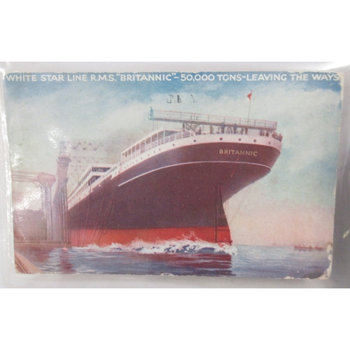 796 - Titanic interest - White Star Line R.M.S. Britannic, 50,000 tons leaving the slips, printed colour p... 