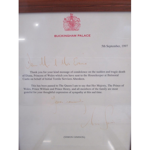 801 - Framed Signed letter from Simon Grimson at Buckingham Palace thanking vendor for letter of condolenc... 