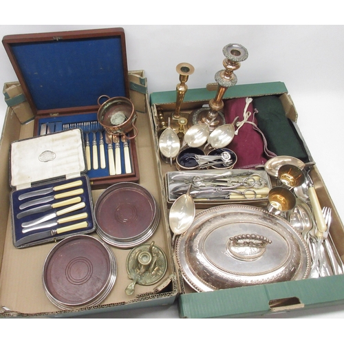 357 - Collection of silver plate and metalware items to include cutlery, pair of decorative salts with Bri... 