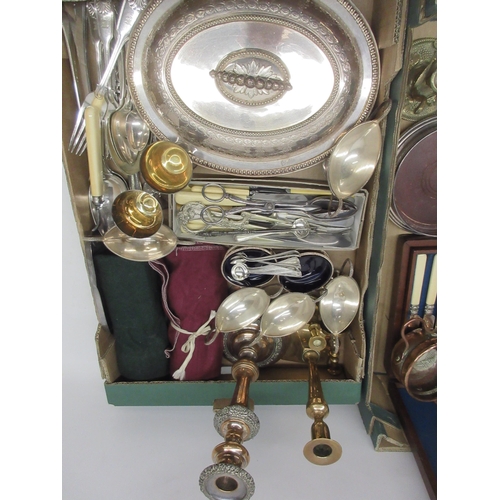 357 - Collection of silver plate and metalware items to include cutlery, pair of decorative salts with Bri... 