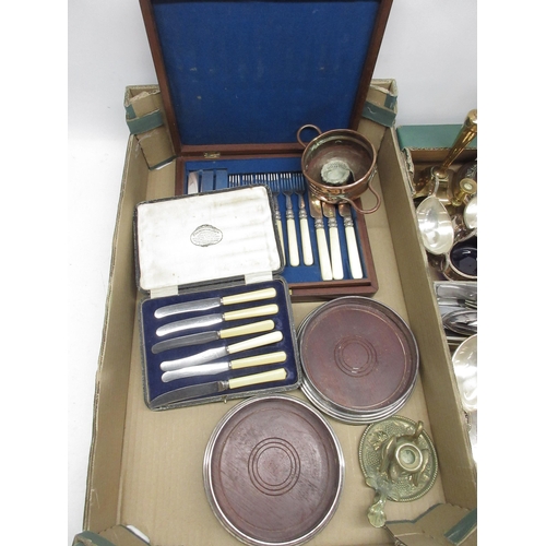 357 - Collection of silver plate and metalware items to include cutlery, pair of decorative salts with Bri... 