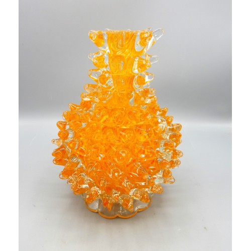 1200 - Murano orange glass 'Rostrato' vase, in the style of Ercole Barovier, H26cm