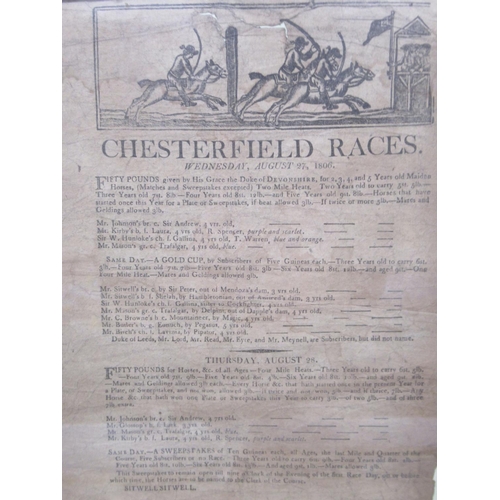 1377 - Two framed Chesterfield Races c1800 race posters from September 2 1801 and August 27 1806, framed Br... 