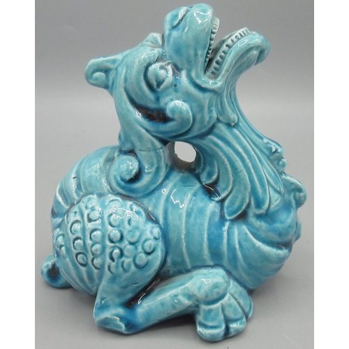 1147 - Burmantofts turquoise glazed Faience model of a dragon, stamped No 1166