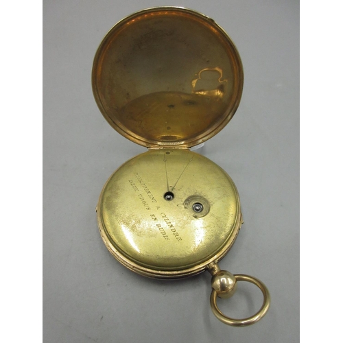 1050 - 19th Century French yellow metal quarter repeating key wound pocket watch, silvered engine turned di... 