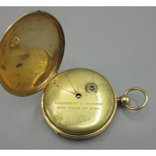 1050 - 19th Century French yellow metal quarter repeating key wound pocket watch, silvered engine turned di... 