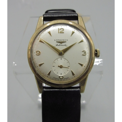 1054 - Longines 9ct gold automatic wristwatch, signed silvered dial with applied Arabic and baton indices a... 