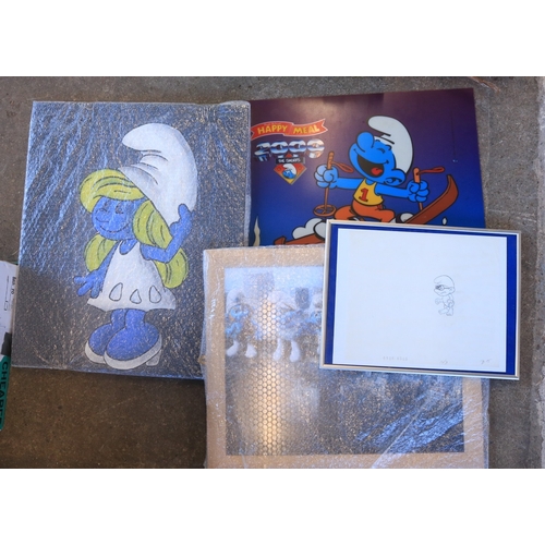 523 - Smurf collection to include soft toys, activity books, figures (including diecast Ertl), cardboard c... 