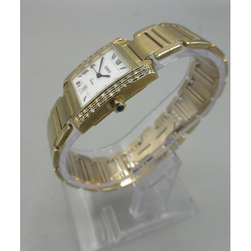 1047 - Geneve 9ct gold and diamond quartz wristwatch with date on integrated H link bracelet no. 375, signe... 