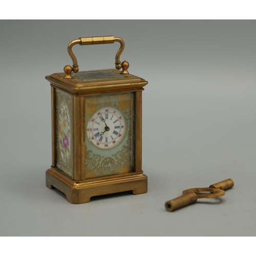 1398 - 20th century French brass 8 day miniature carriage timepiece, plain case set with Serves style flora... 