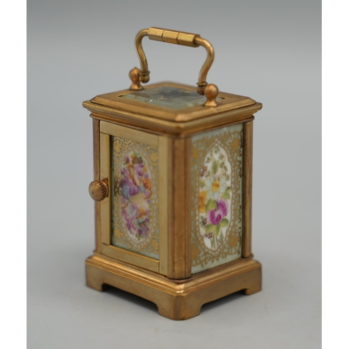 1398 - 20th century French brass 8 day miniature carriage timepiece, plain case set with Serves style flora... 