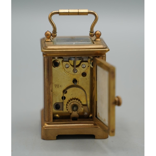 1398 - 20th century French brass 8 day miniature carriage timepiece, plain case set with Serves style flora... 