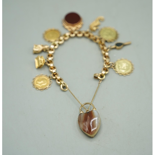 1001 - 9ct yellow gold heavy belcher chain charm bracelet stamped 9c, with ornate yellow metal and agate he... 