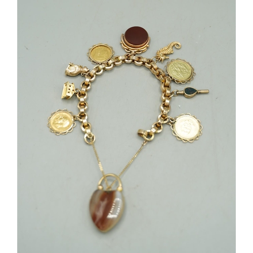 1001 - 9ct yellow gold heavy belcher chain charm bracelet stamped 9c, with ornate yellow metal and agate he... 