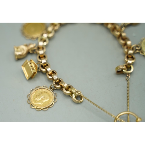 1001 - 9ct yellow gold heavy belcher chain charm bracelet stamped 9c, with ornate yellow metal and agate he... 