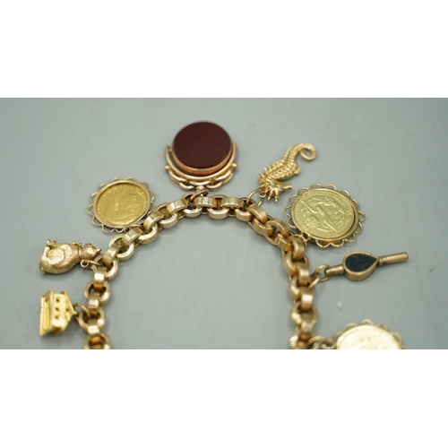 1001 - 9ct yellow gold heavy belcher chain charm bracelet stamped 9c, with ornate yellow metal and agate he... 