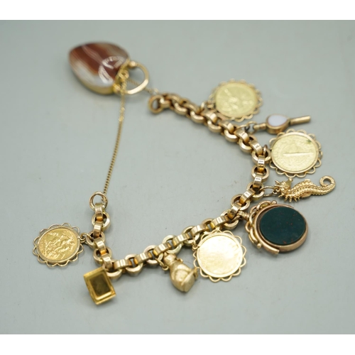 1001 - 9ct yellow gold heavy belcher chain charm bracelet stamped 9c, with ornate yellow metal and agate he... 