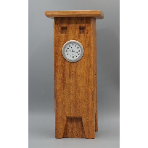 1551 - Nigel Woodwormman Dixon of Topcliffe - an oak mantel clock, tooled case with shaped cornice, quartz ... 