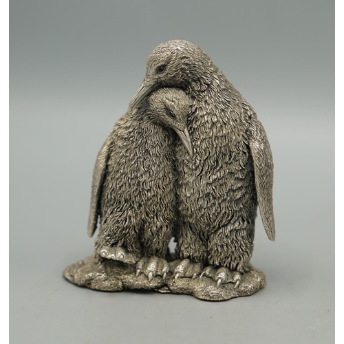 1133 - Country Artists hallmarked silver covered model of two Penguins, on shaped base Birmingham c1995, H9... 