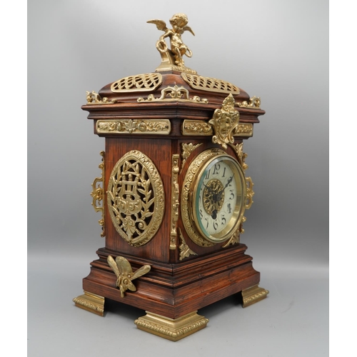 1399 - S. Marti, late 19th century French oak mantle timepiece, moulded case extensively decorated with bra... 