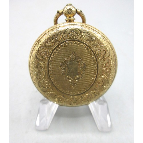 1052 - Cobjas & Fils, Geneve, 18ct gold key wound fob watch, signed engraved gold tone dial with Roman chap... 