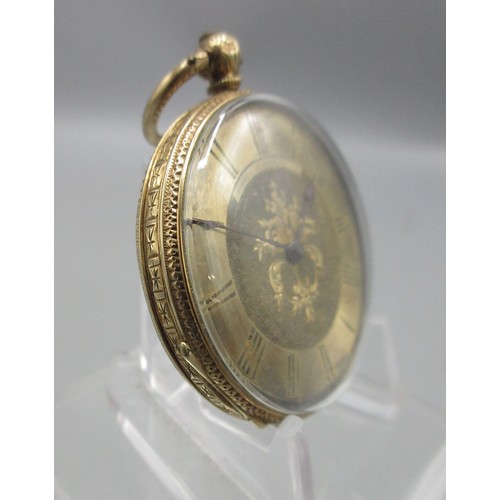 1052 - Cobjas & Fils, Geneve, 18ct gold key wound fob watch, signed engraved gold tone dial with Roman chap... 