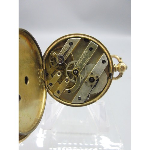 1052 - Cobjas & Fils, Geneve, 18ct gold key wound fob watch, signed engraved gold tone dial with Roman chap... 