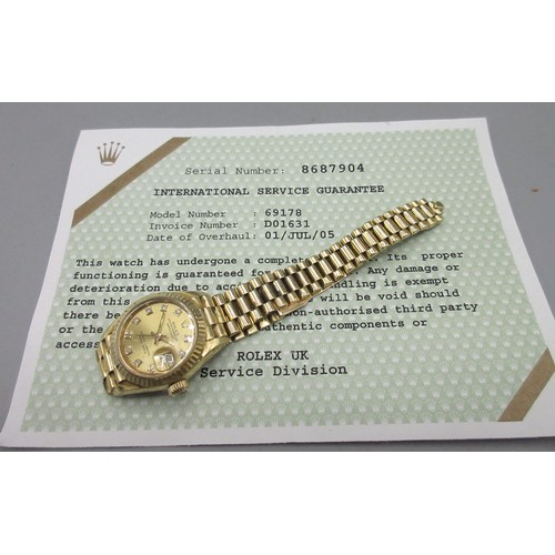 1038 - Ladies Rolex Oyster Perpetual Datejust 18ct gold automatic wristwatch with date on matching Jubilee ... 