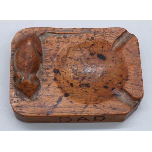 1469 - Robert Mouseman Thompson of Kilburn - an oak rectangular ash tray, carved 'To Dad From Eric 1947' an... 