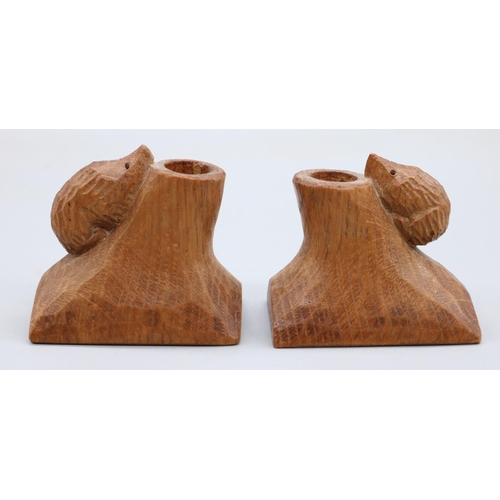 1546 - Nick Hedgehogman Hill of Northallerton - a pair of small oak rectangular candlesticks, carved with s... 