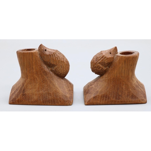 1546 - Nick Hedgehogman Hill of Northallerton - a pair of small oak rectangular candlesticks, carved with s... 