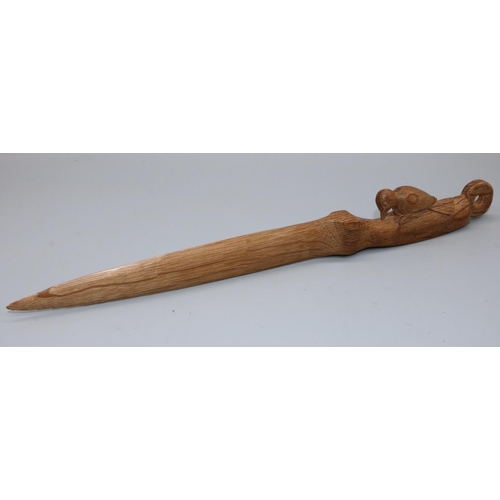 1543 - Stan Woodpeckerman Dodds - an oak paper knife or letter opener, shaped and pierced handle carved wit... 