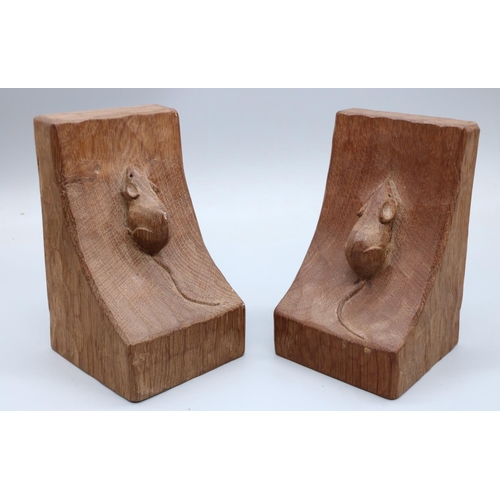 1445 - Robert Mouseman Thompson of Kilburn - a pair of adzed oak bookends, carved with signature single mic... 