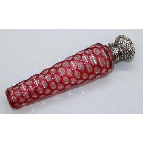 1202 - Victorian tapering cylindrical red overlaid glass scent bottle with hinged unmarked white metal top,... 