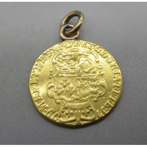 1016 - Geo.III 1779 fourth laur. head r. gold guinea, with soldered yellow metal bail, 8.93g