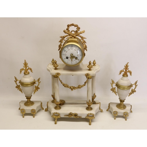 1396 - Vincenti, 19th century French Louis XV style white marble and gilt 8 day portico clock garniture, br... 