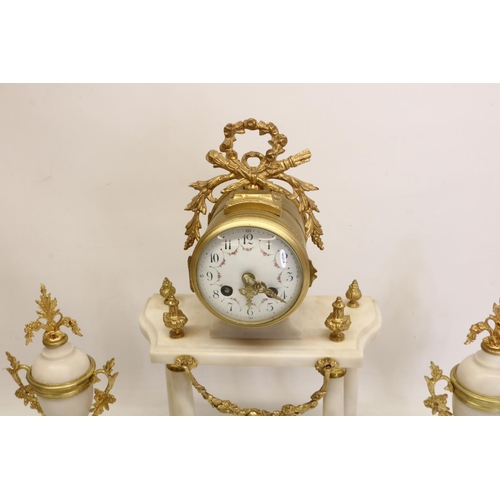 1396 - Vincenti, 19th century French Louis XV style white marble and gilt 8 day portico clock garniture, br... 