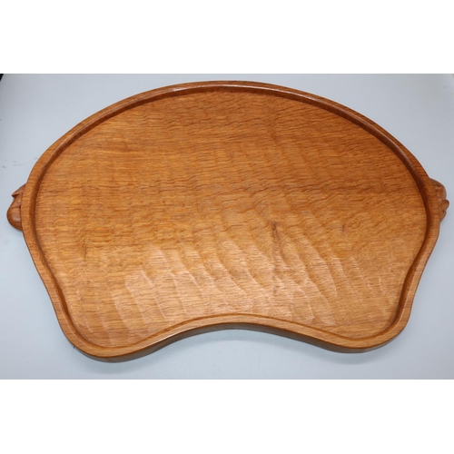 1461 - Robert Mouseman Thompson of Kilburn - adzed oak kidney shaped tray with two signature mouse carved h... 