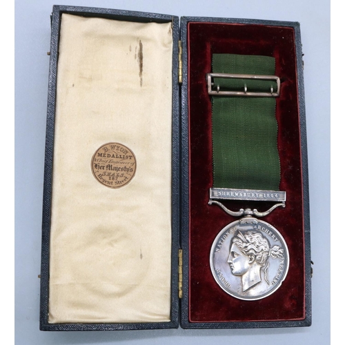 1362 - Victorian silver Grand National Archery Meeting medal, on green ribbon with Shrewsbury 1854 clasp, e... 