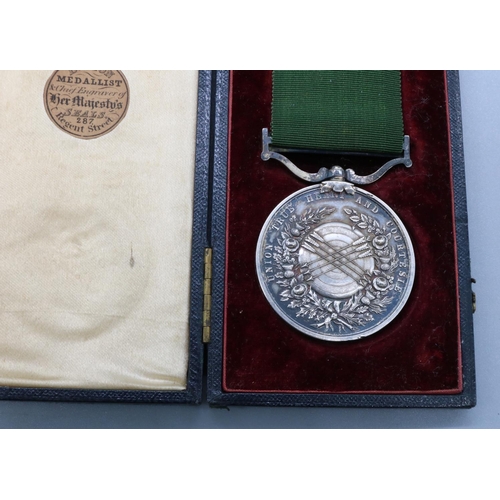 1362 - Victorian silver Grand National Archery Meeting medal, on green ribbon with Shrewsbury 1854 clasp, e... 