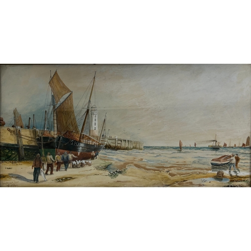 1341 - G. Wilson (British 19th century); 'Scarborough Sands' Fishing boats with the days catch, watercolour... 