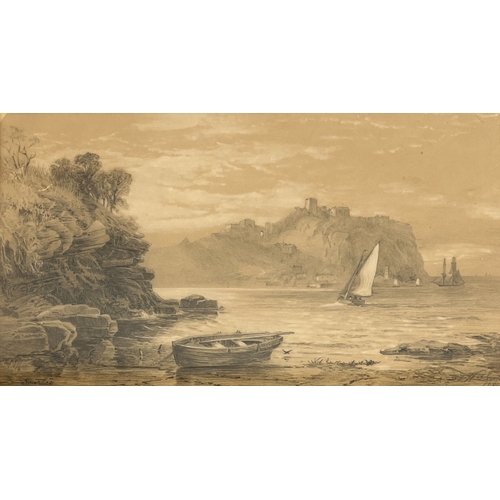 1342 - J.W. Scale (British 19th century); 'Scarboro'  Castle from Cornelian Bay, pencil, titled, indistinct... 