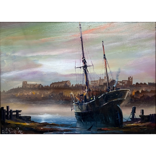 1343 - Peter Gerald Baker (British 20th century); Fishing boat in Whitby Harbour, Abbey beyond, oil on canv... 