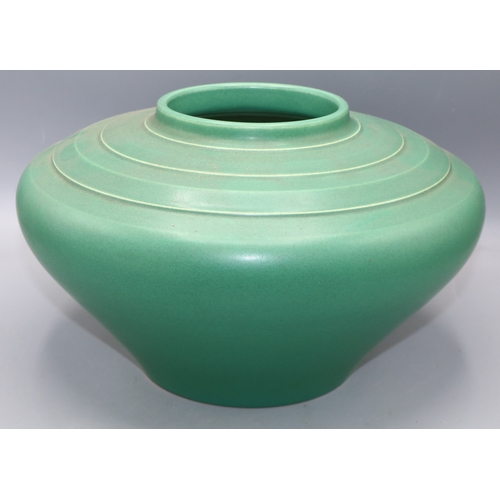 1185 - Keith Murray for Wedgwood, wide shouldered vase glazed in green, printed signature mark, H17cm