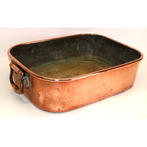 1235 - Victorian copper rectangular planter with rolled rim and two swing handles, engraved with initial, W... 