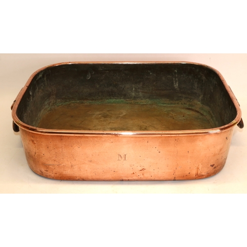 1235 - Victorian copper rectangular planter with rolled rim and two swing handles, engraved with initial, W... 