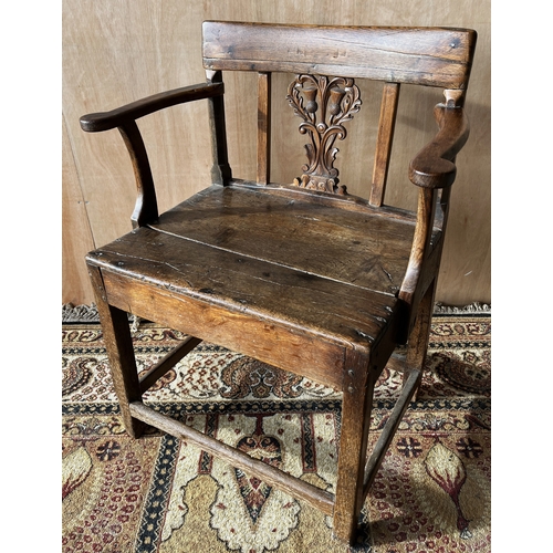 1599 - 19th century Scottish provincial oak open arm chair, curved top rail, Thistle carved splat, curved a...