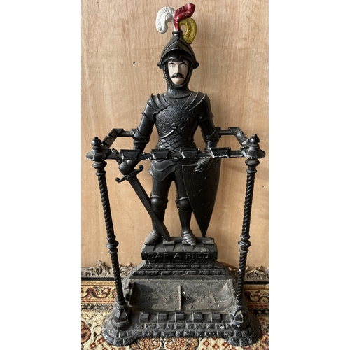 1232 - Cast metal stick stand in the form of a knight on castellated base and script `Cap A Pier' Victorian... 