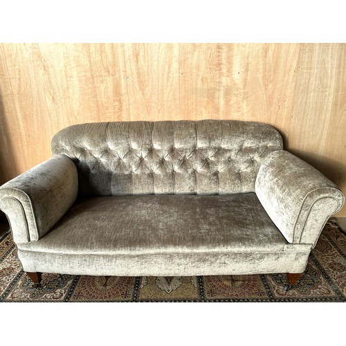 1565 - Victorian Chesterfield sofa with deep buttoned back, reupholstered in crushed grey velvet, on turned... 