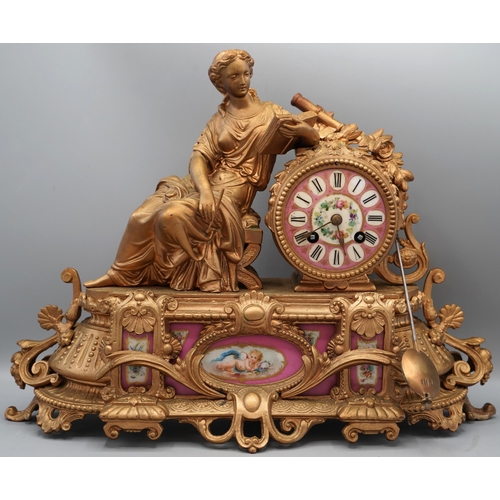 1397 - 19th century French gilt figural Rococo style 8 day mantle clock, drum head case with seated female ... 